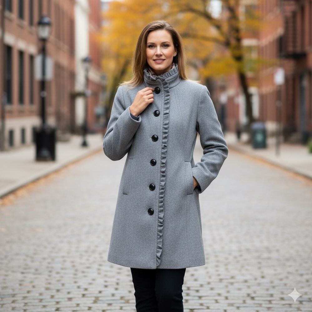 Not for sale ! Women's Gray wool blend ruffle Pea Coat old money vintage